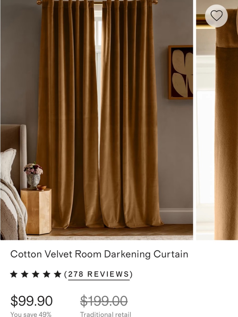 Quince Cotton Velvet Curtains in Camel - 48”x96” - Set of 2 Blackout Panels